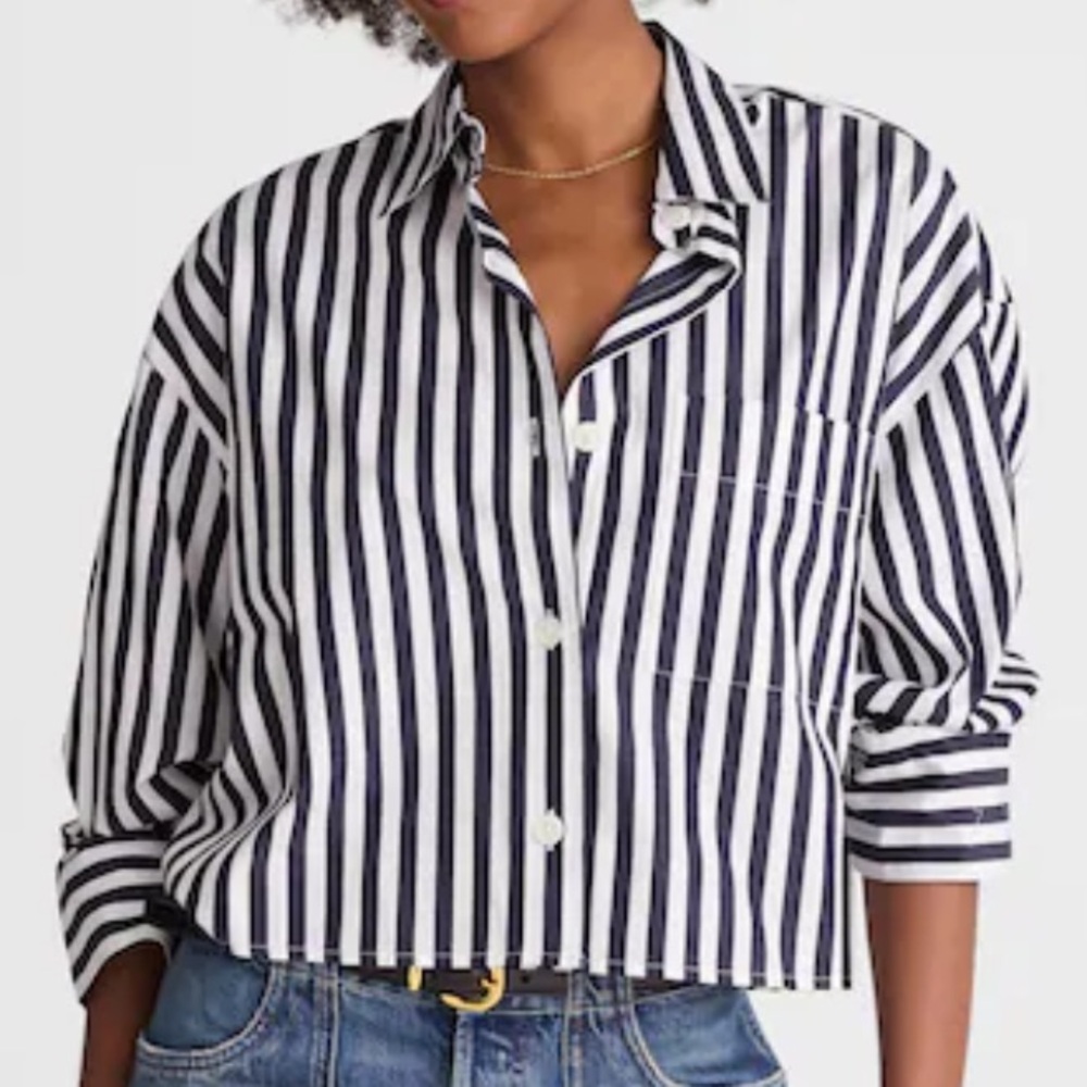 Madewell Navy and White Striped Button-Up Shirt